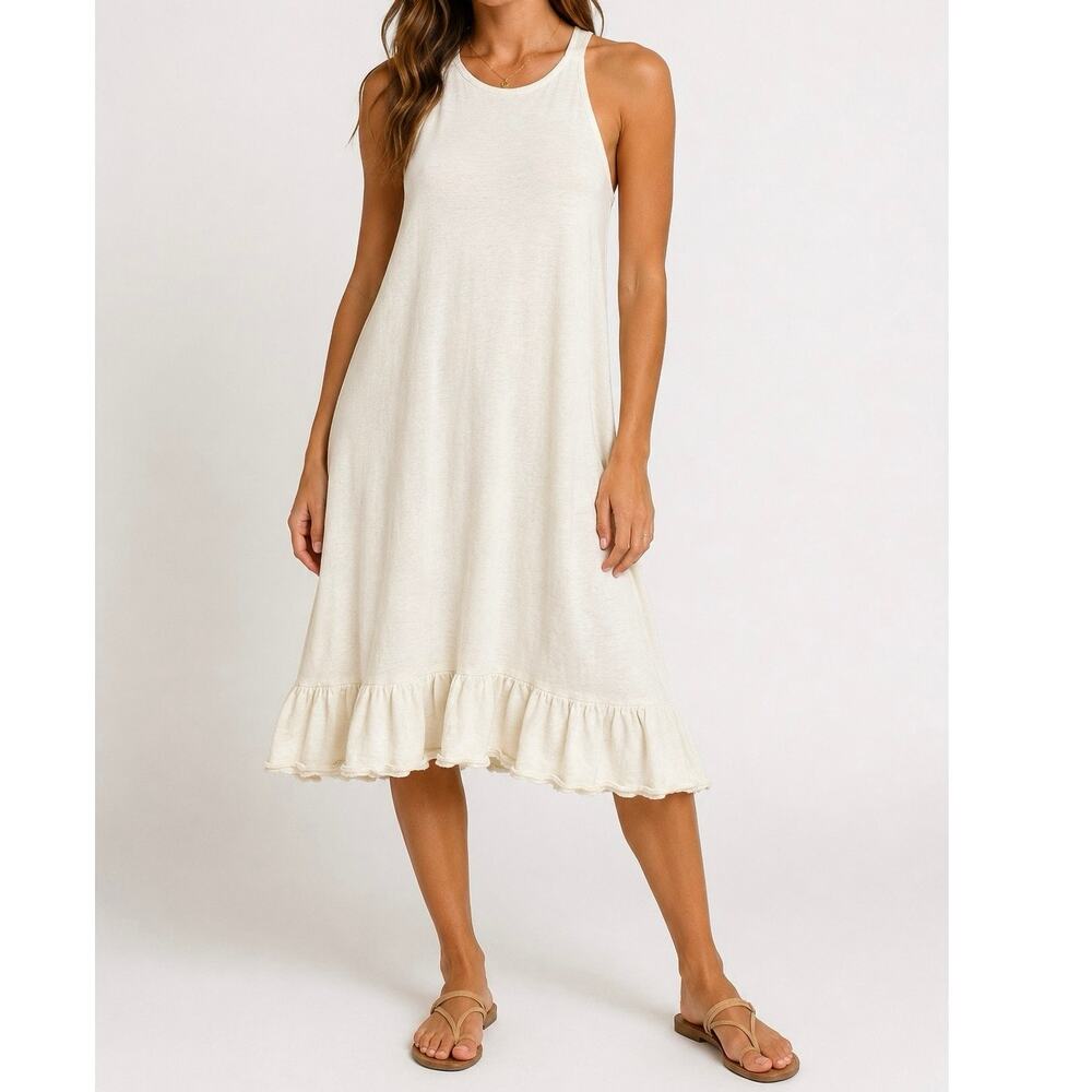 FP Beach Ivory Cotton Racerback Ruffle Hem Tank Dress XS Casual Midi Boho A-Line - Picture 2 of 6